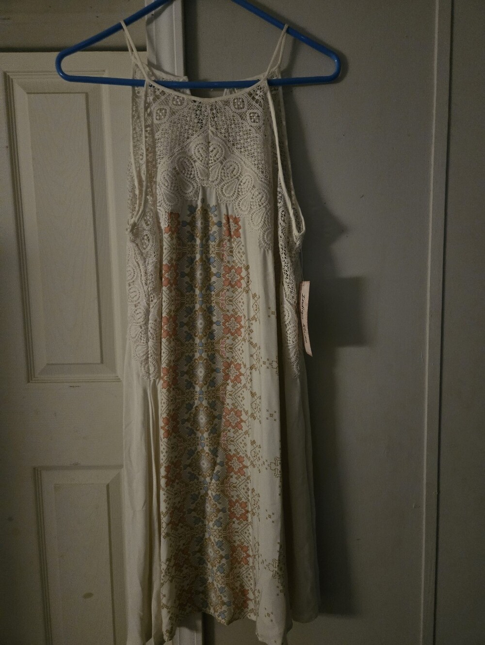 Indigo Rose Boho White Crochet-Top Mini  Dress with Pastel Embroidery, Sz M